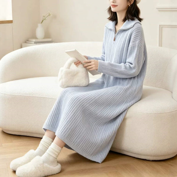 Half zip lapel knitted dress for women