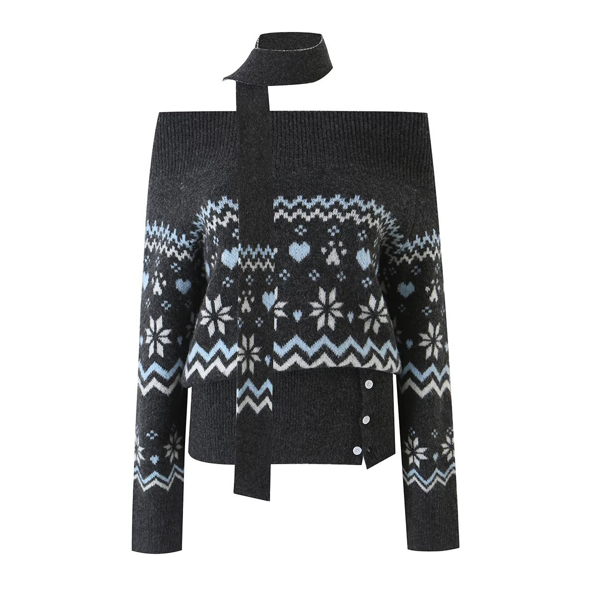 Vintage Casual Fair Isle Jacquard Long Sleeve Off Shoulder Knit Sweater