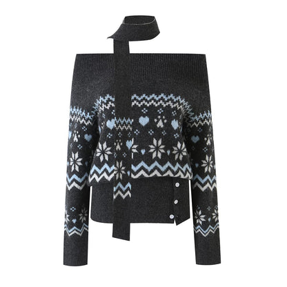 Vintage Casual Fair Isle Jacquard Long Sleeve Off Shoulder Knit Sweater