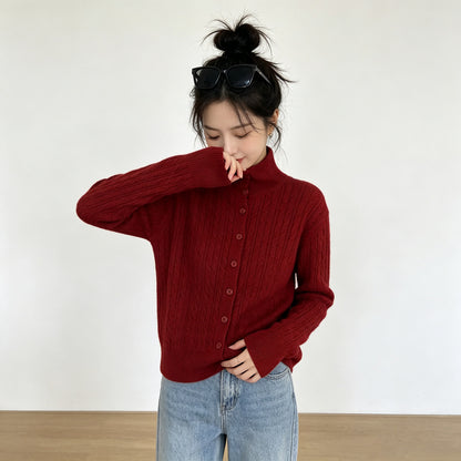 Single breasted high neck long sleeved sweater