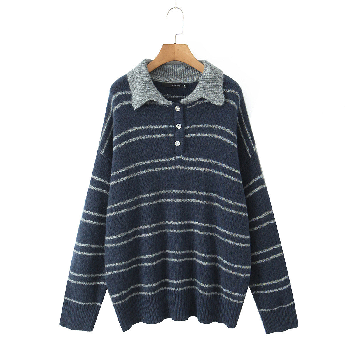 Striped lapel pullover loose knit sweater