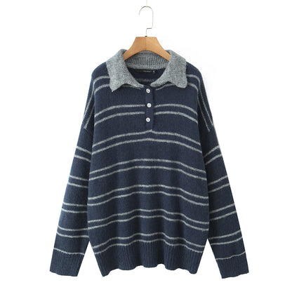 Striped lapel pullover loose knit sweater