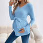 Women's V-Neck Knit Top with Long Sleeves and Waist Tie