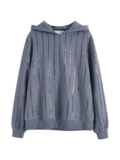 Sequined Vertical Stripe Hooded Sweatshirt for Women