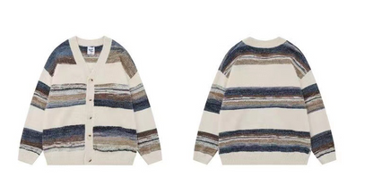 Men's Vintage Striped V-Neck Open Front Knit Cardigan