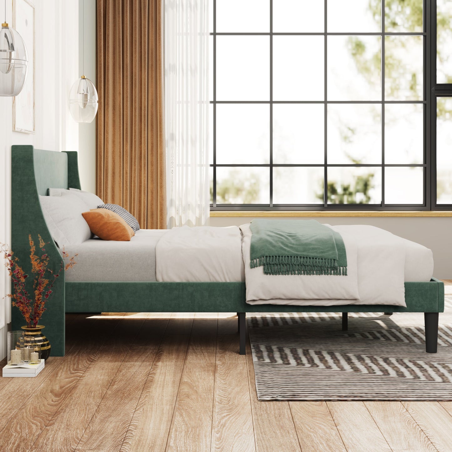Single Bed Velvet Dark Green Upholstered Bed with Winged Headboard and Wood Slat Supports