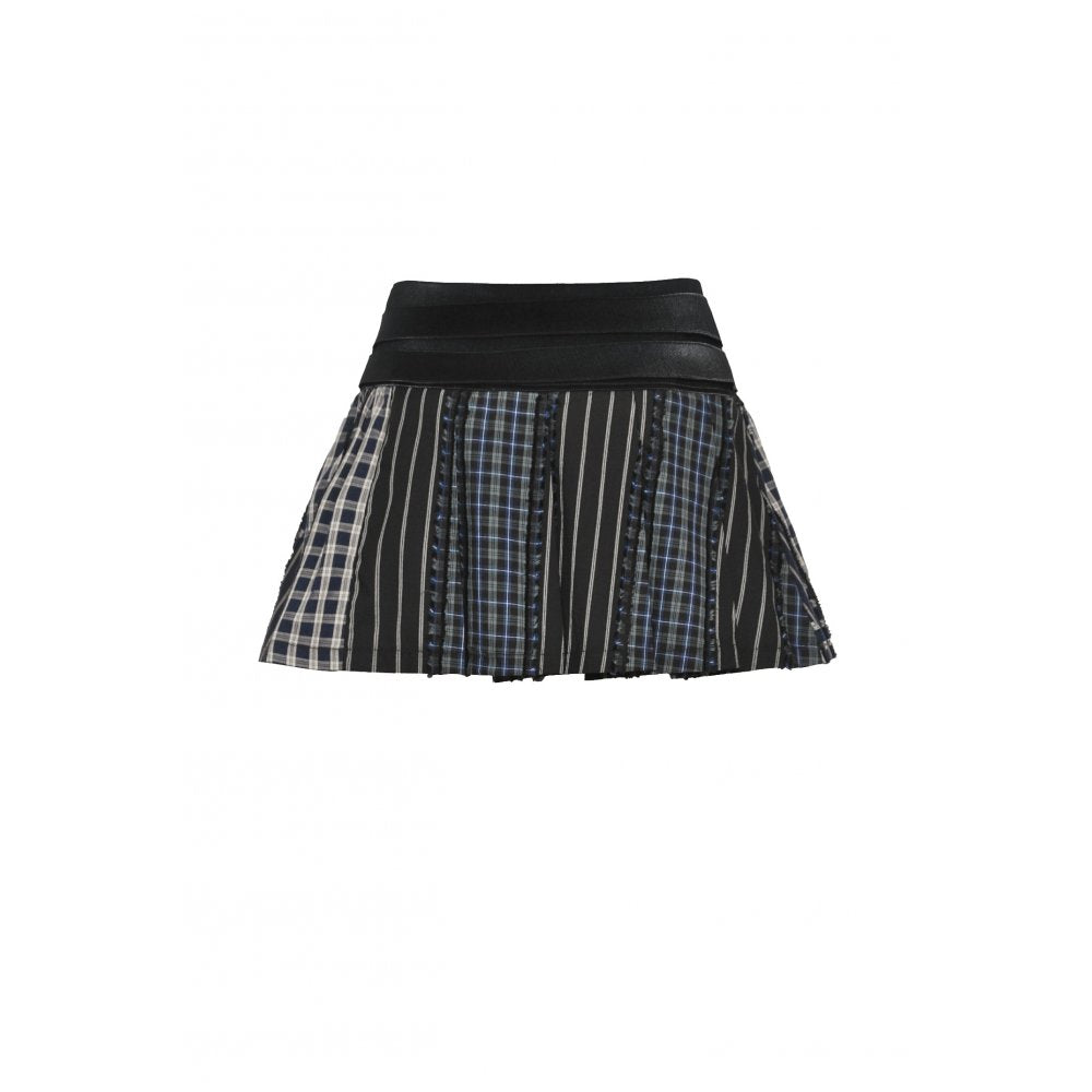 Mini-jupe plissée Dark in Love en patchwork tartan sauge et taille en cuir