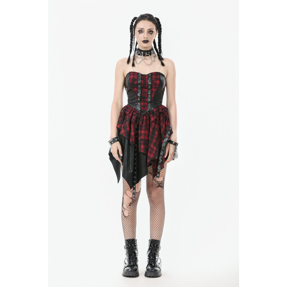 Robe Corset Punk en Tartan Rouge Dark in Love avec Jupe Asymétrique