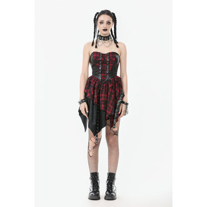 Robe Corset Punk en Tartan Rouge Dark in Love avec Jupe Asymétrique
