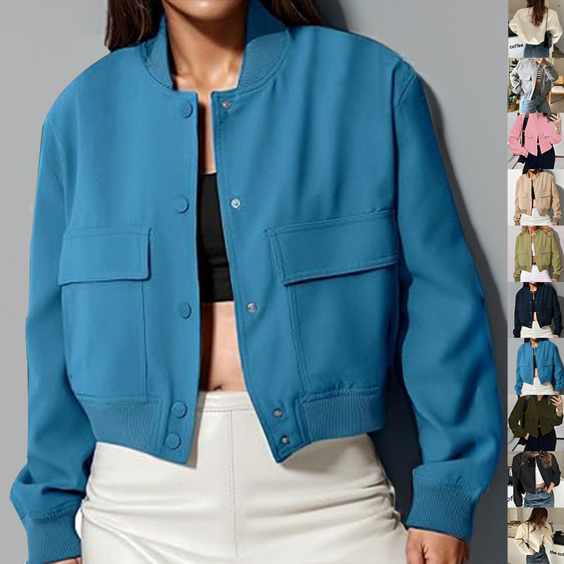 Veste de mode à col montant avec grandes poches décontractée ample courte vêtement d'extérieur haut manteau pour femmes