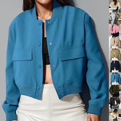 Veste de mode à col montant avec grandes poches décontractée ample courte vêtement d'extérieur haut manteau pour femmes