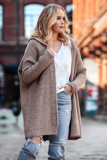 Women's Hooded Cardigan - Loose Knit Batwing Sleeve Sweater