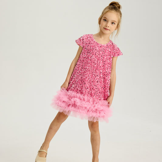 Fashion Girls Sequin Gauze Stitching Vest Dress