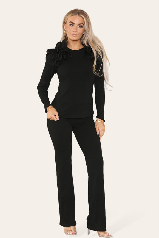 Ruffle Frill Shoulder Ribbed Loungewear Set