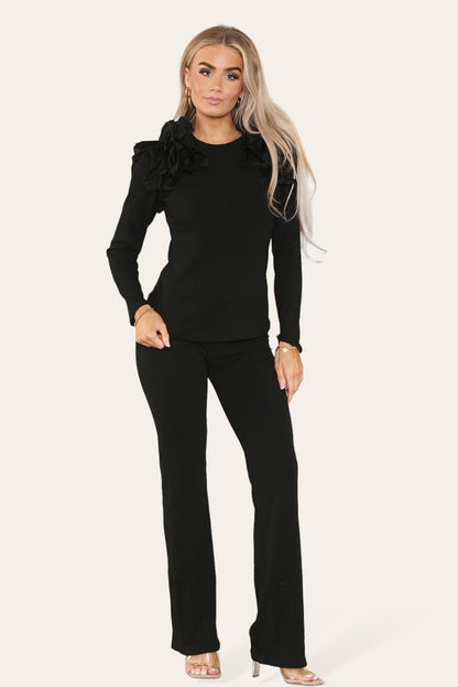 Ruffle Frill Shoulder Ribbed Loungewear Set