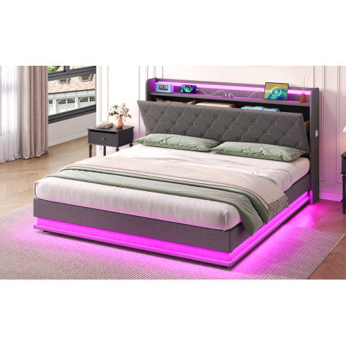 Cadre de lit capitonné King size 150cm avec rangement hydraulique, tête de lit capitonnée LED avec station de recharge et rangement de tête de lit dissimulé, ports USB et Type-C, lin, gris