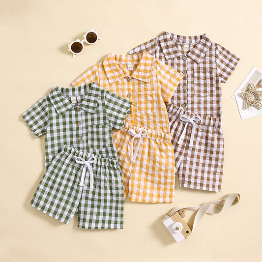 Kids Short Sleeve Plaid Shirt Two-piece Set