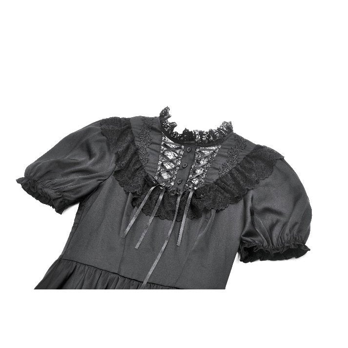 Robe Gothique Noire Dark in Love Belladonna à Manches Bouffantes et Col Montant Lacé