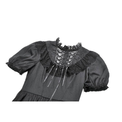 Robe Gothique Noire Dark in Love Belladonna à Manches Bouffantes et Col Montant Lacé