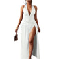 Robe longue élégante à col licou - Maxi sexy sans dos avec décolleté en V, fente latérale et détails froncés, design amincissant taille haute pour femmes