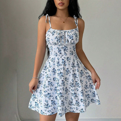 Women's Floral Print A-Line Mini Dress | Backless Mid Waist Summer Dress