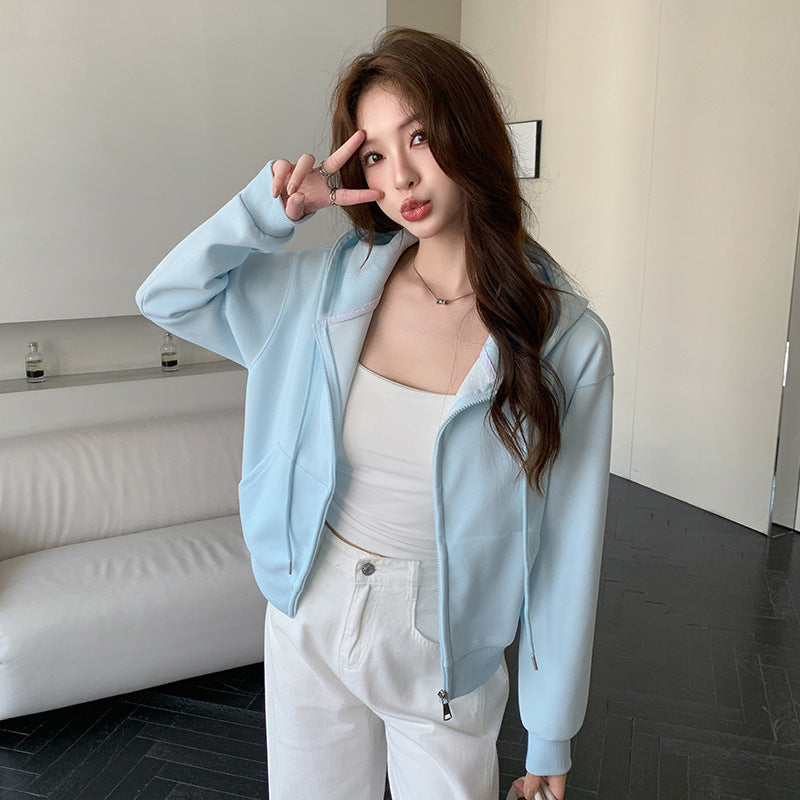 Hooded Zipper Short Sweater Coat For Women Spring And Autumn