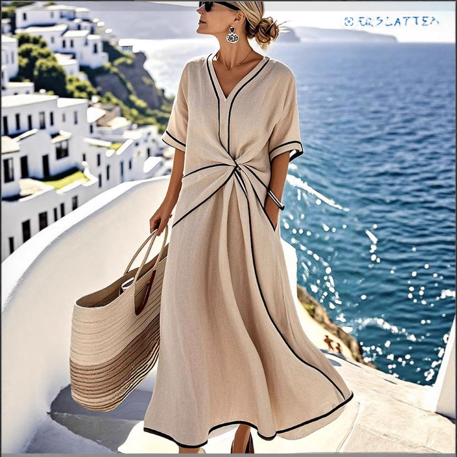 Loose Striped Short-Sleeve Maxi Dress
