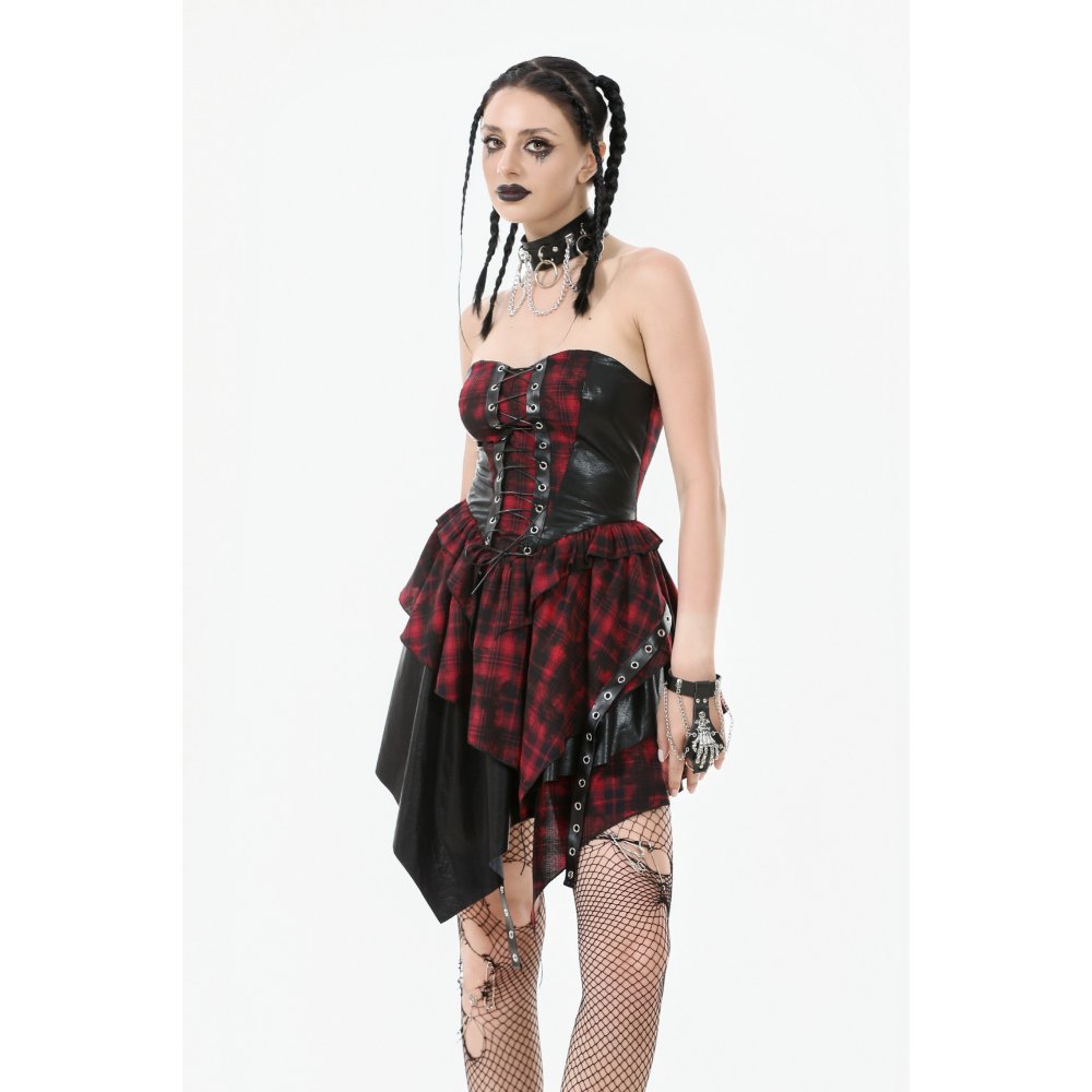 Robe Corset Punk en Tartan Rouge Dark in Love avec Jupe Asymétrique