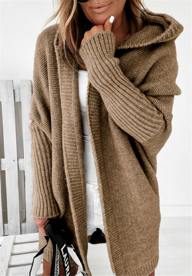 Women's Hooded Cardigan - Loose Knit Batwing Sleeve Sweater