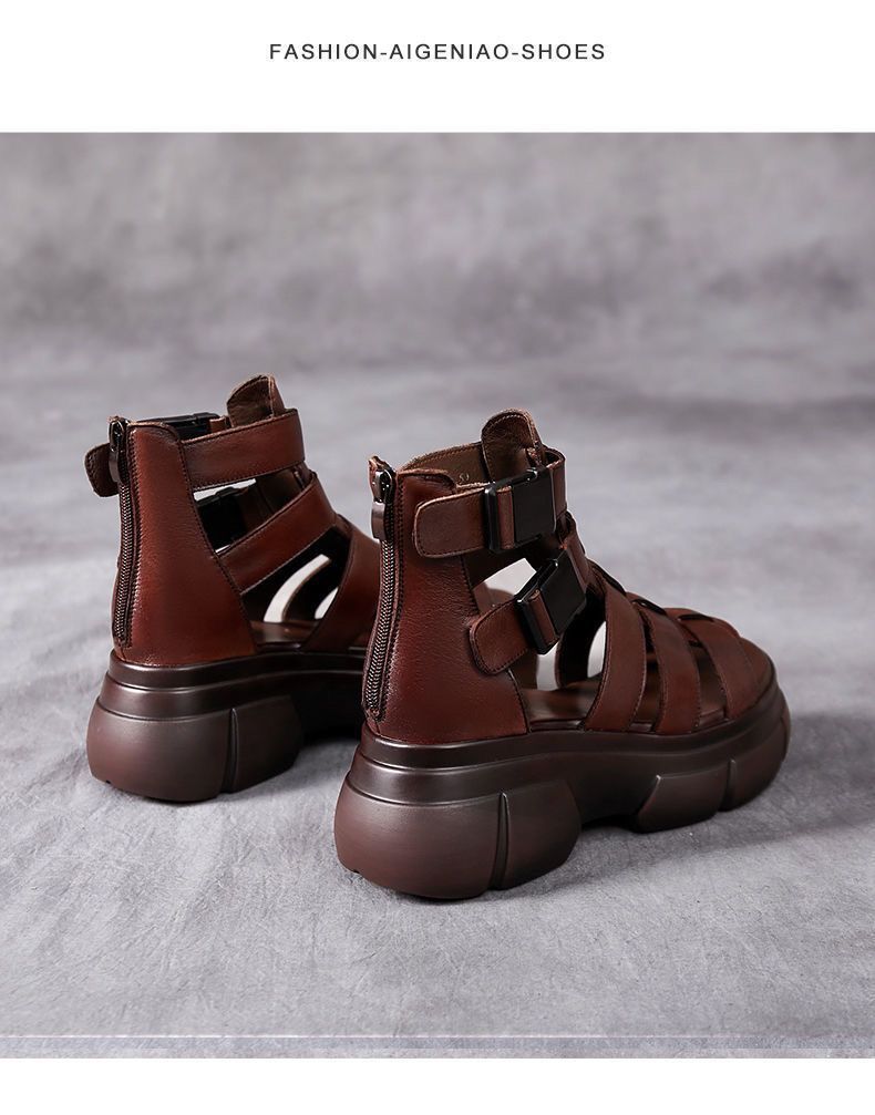 Sandales Rétro Élégantes à Plateforme Évidée en Cuir pour Femmes
