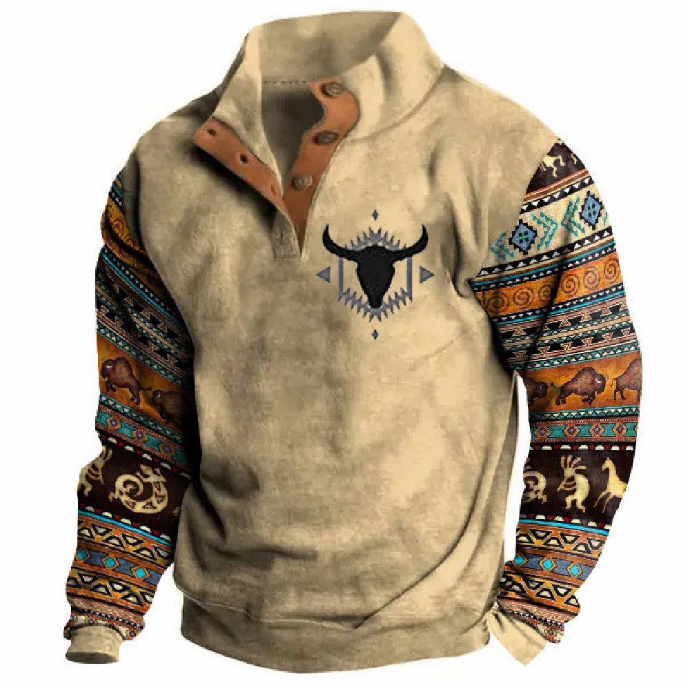 Pull homme hiver à col montant, demi-boutonné, manches longues et imprimé numérique