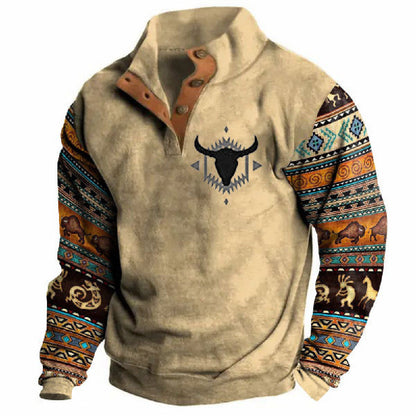 Pull homme hiver à col montant, demi-boutonné, manches longues et imprimé numérique