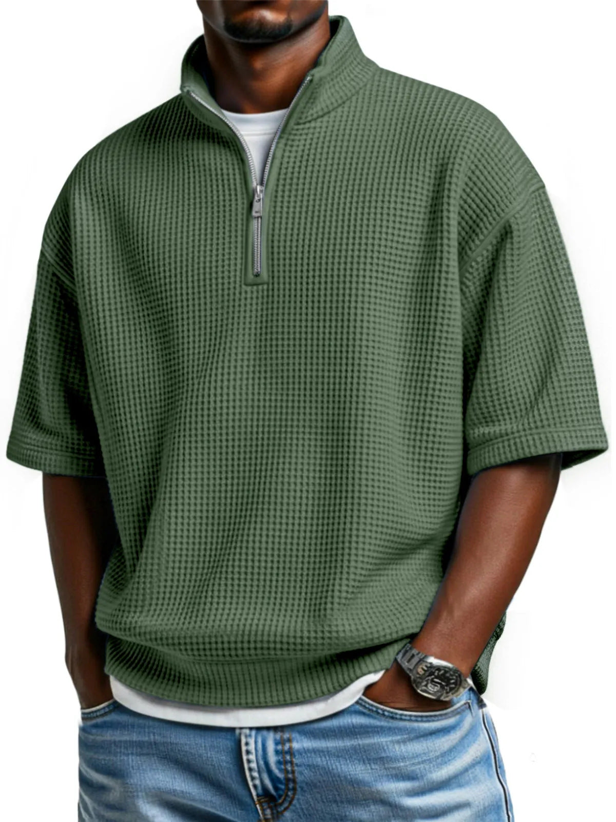 Men's Waffle Knit Half-Zip Polo Shirt - Short Sleeve
