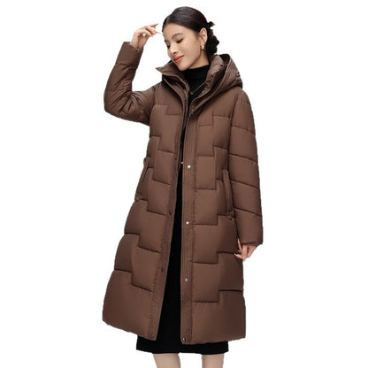 Women's  Wave Stitching Padded Jacket Hooded Mid-length Over-knee Coat