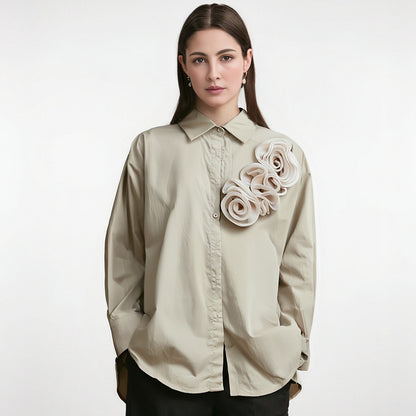 Fashion Women's Three-dimensional Flower T-shirts Loose Casual Long Sleeved Solid Color Tops Female  Autumn