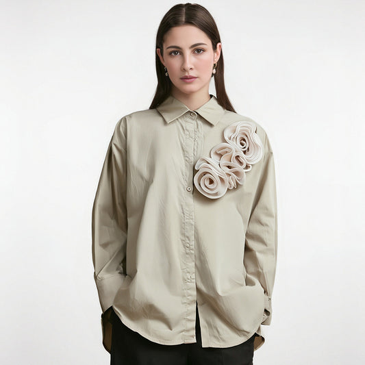 Mode Femmes T-shirts à Fleurs en Relief Décontractés Amples Manches Longues Couleur Unie Hauts Féminins Automne