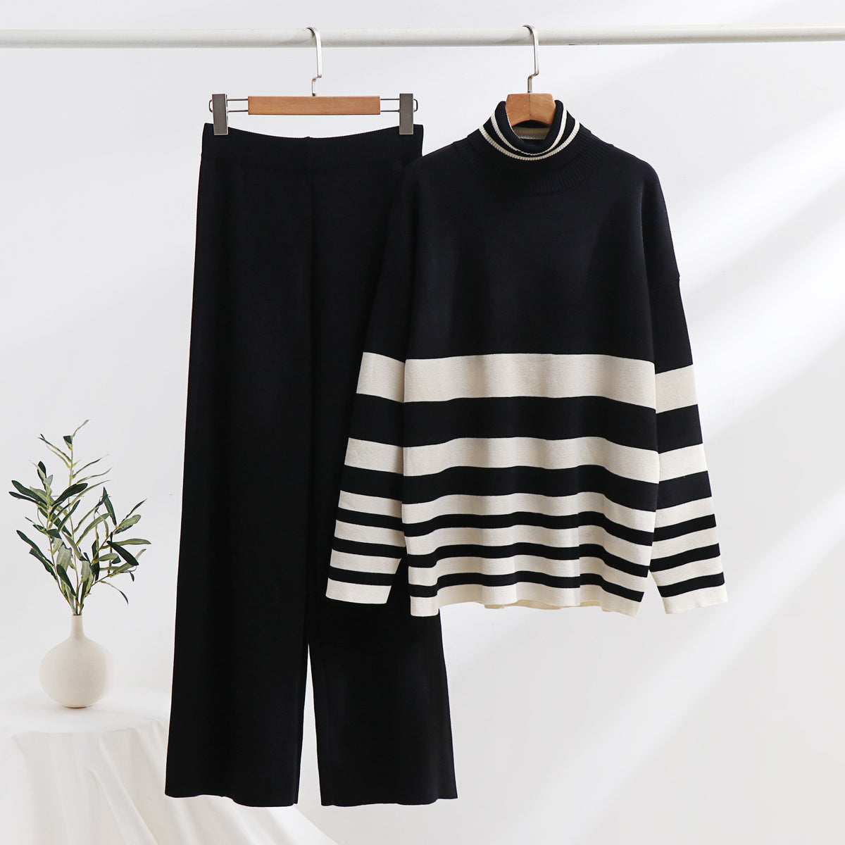 knitted sweater, high waist loose wide leg pants set,