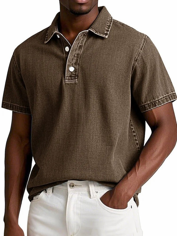 Men's Solid Colour Vintage Lapel Polo Shirt - Short Sleeve