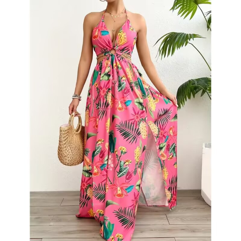 Floral Print Backless Side-Slit Dress