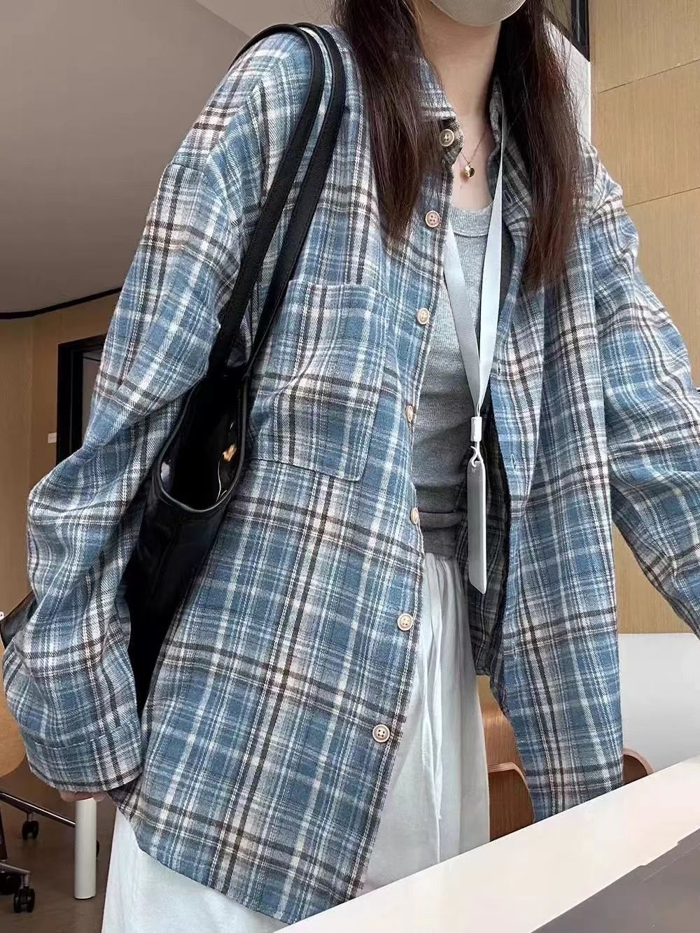 Blue Plaid Long Sleeve Shirt Women's