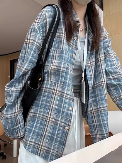 Blue Plaid Long Sleeve Shirt Women's