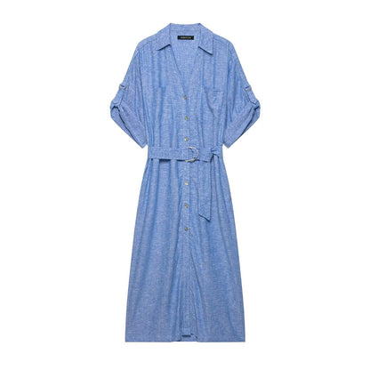 Women's Short sleeved Dress with Linen Blended Belt