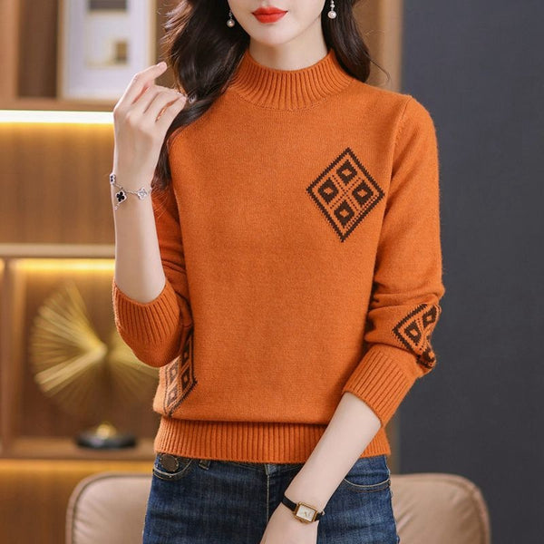 Womens Mock Neck Sweater Top Plaid Colorblock Knitted - Stuffs & Savers