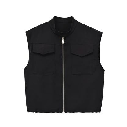 Flip zipper stand up collar loose vest
