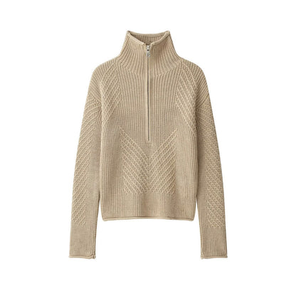 Half zip textured knitted sweater for women