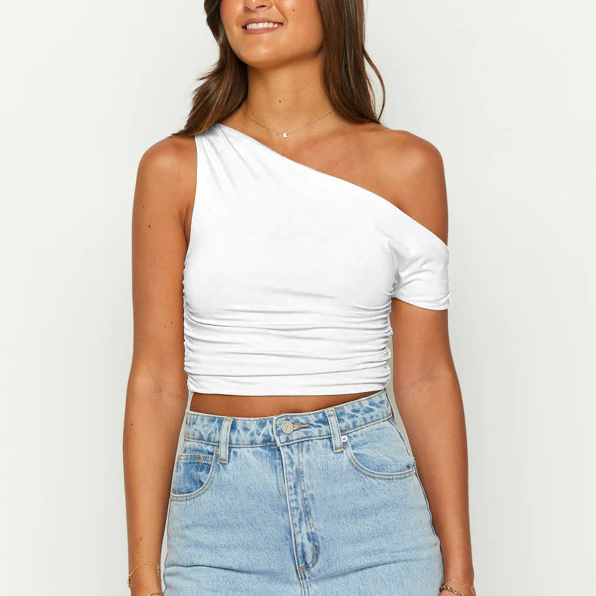 Débardeur court sexy à col oblique, asymétrique, plissé et irrégulier, pour femme