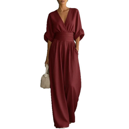 Women's V-Neck Wide-Leg Pleated Jumpsuit