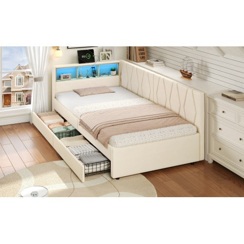 3ft Single Daybed With Two Storage Drawers, LED Modern Bed Frame With Charging Station, Linen Sofa Bed For Living Room Bedroom Study Room, 90X190cm, Easy Assembly, Beige
