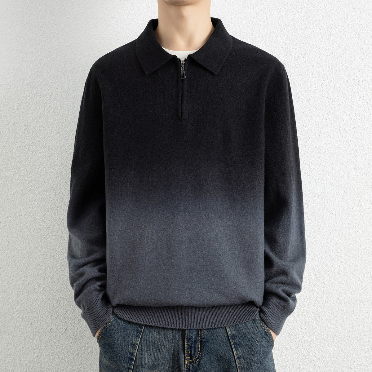 Men's Gradient Half Zip Lapel Collar Relaxed Fit Sweater