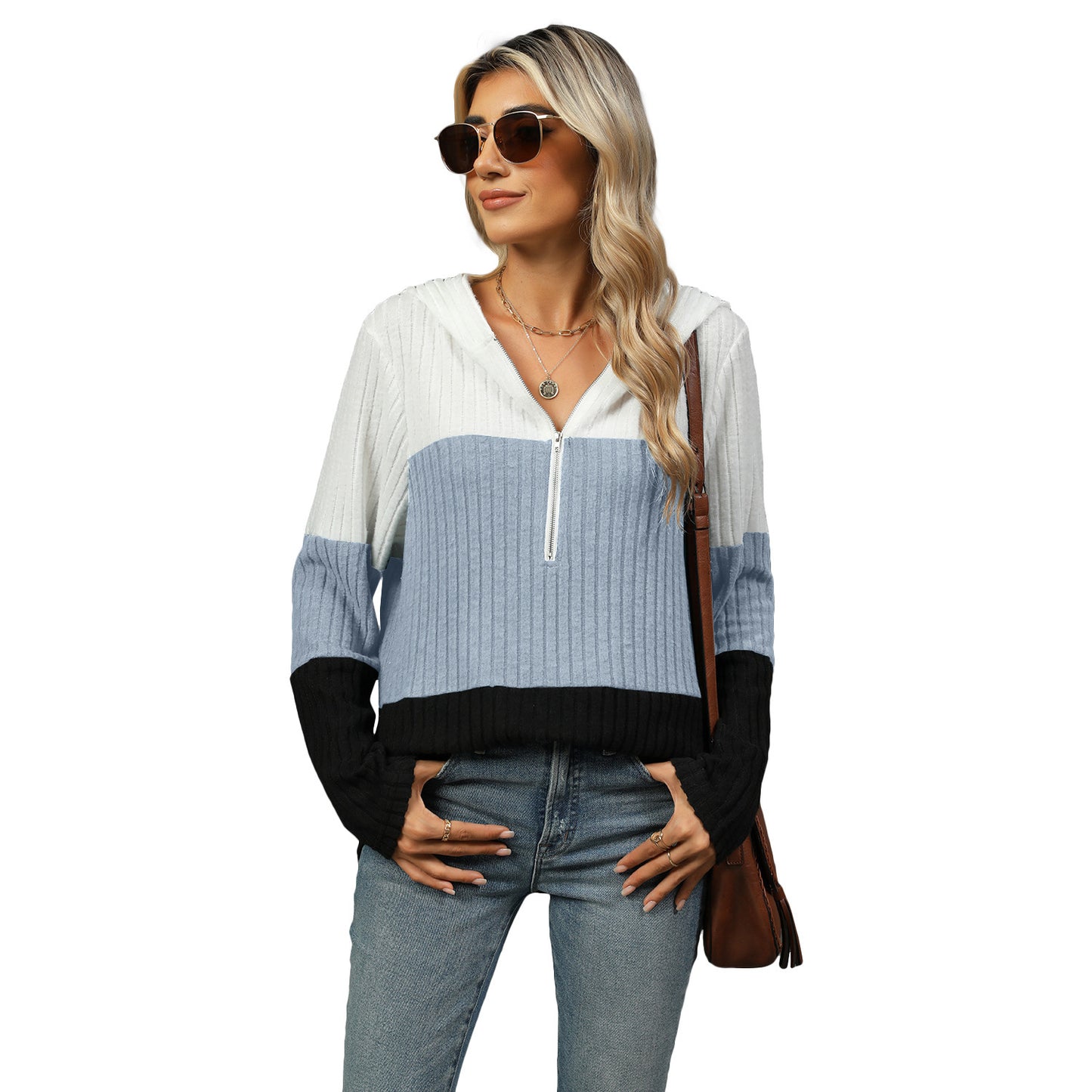 Women's Zipper Hooded Long Sleeve Top
